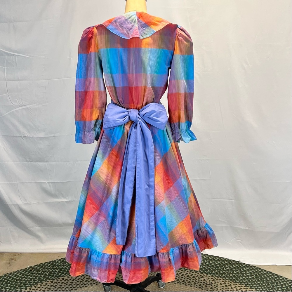 VINTAGE 80s plaid prairie dress ruffle poet collar a-line long sleeve midi‎ - Picture 4 of 17